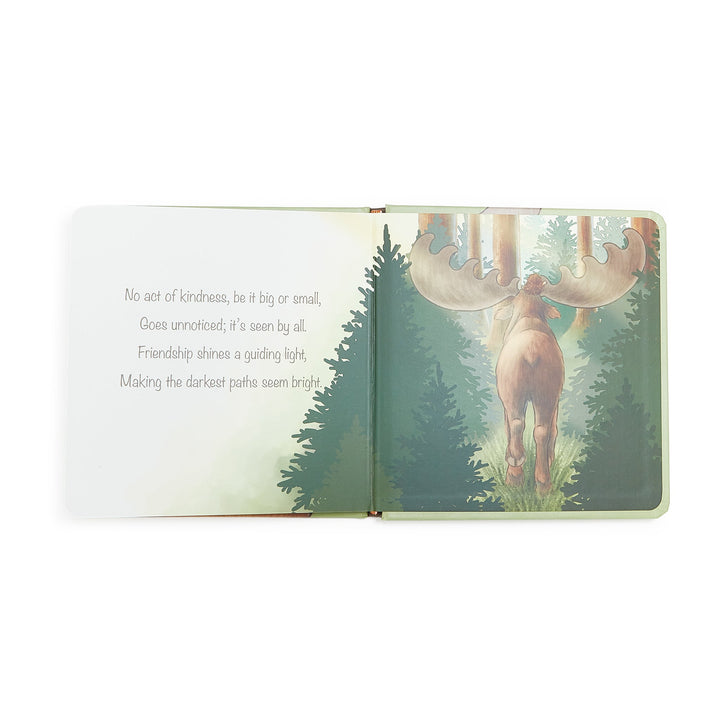 Open board book showing illustrated moose in forest with friendship poem on left page.