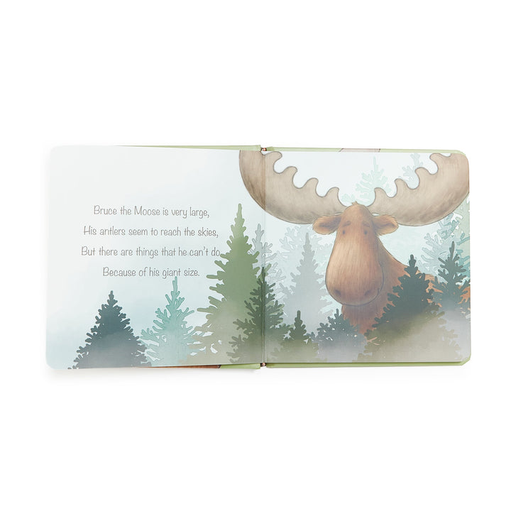 Open board book showing Bruce the Moose illustration with pine trees and rhyming text
