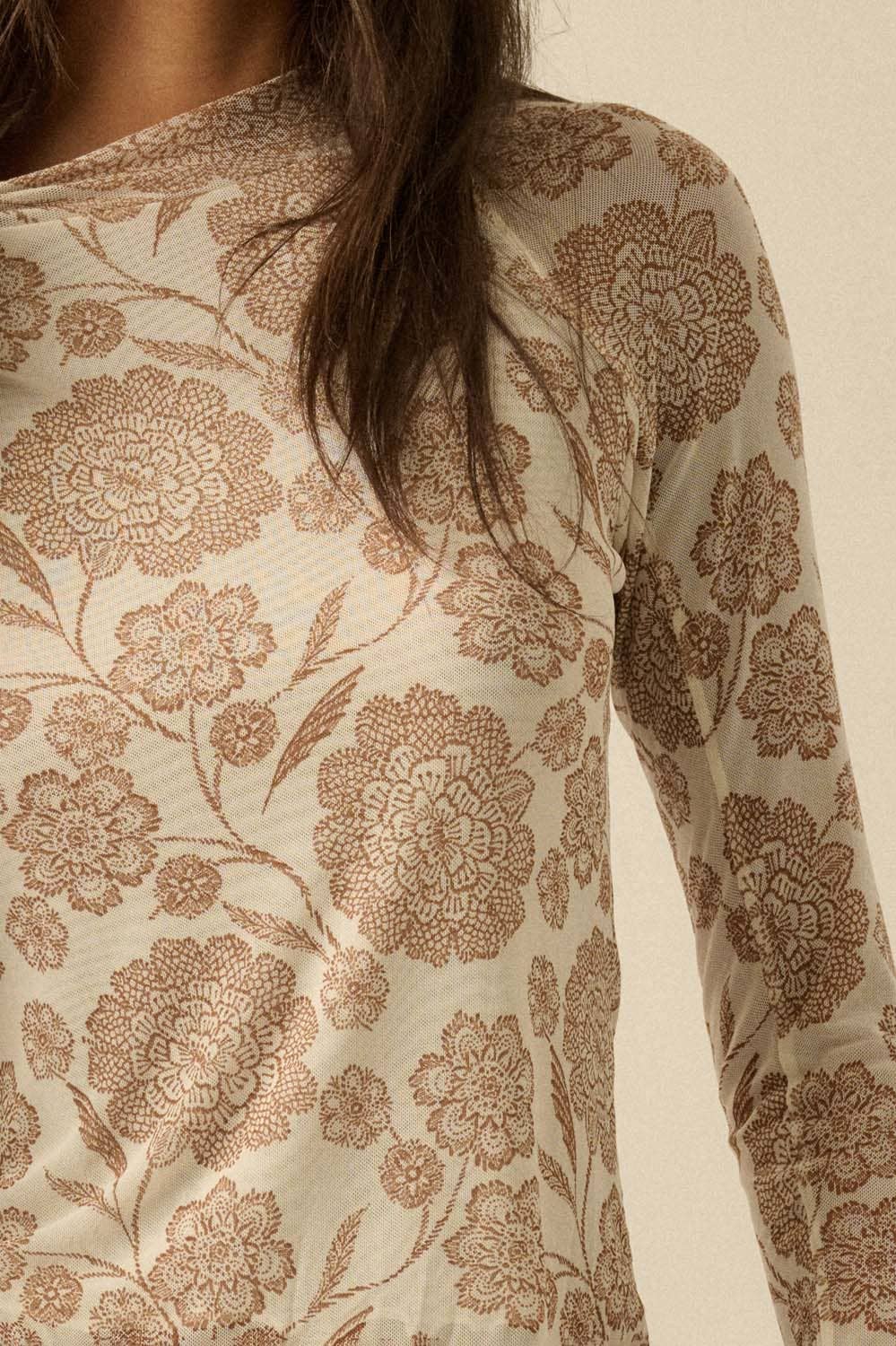 Floral Mesh Mock Neck Top