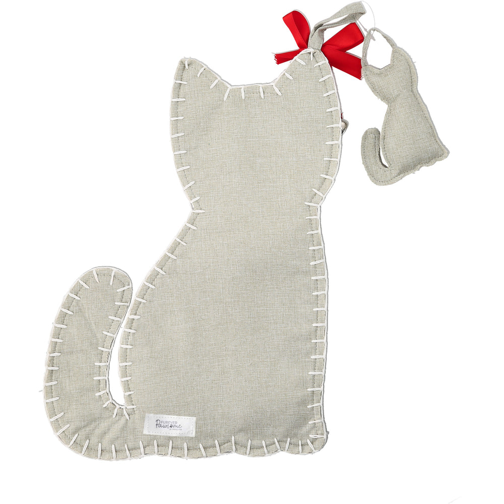 Gray linen cat-shaped Christmas stocking with red bow and white decorative stitching