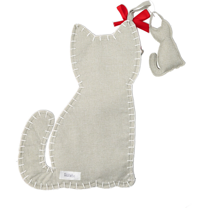 Gray linen cat-shaped Christmas stocking with red bow and white decorative stitching