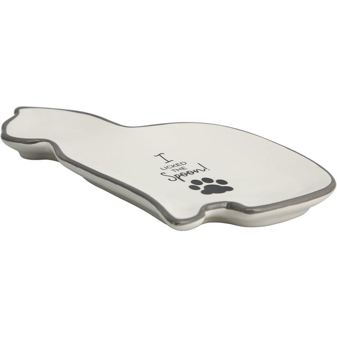 Pavilion cat-shaped spoon rest in light gray with paw print and text design