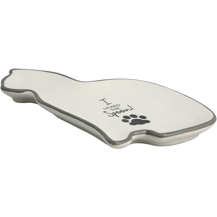 Pavilion cat-shaped spoon rest in light gray with paw print and text design