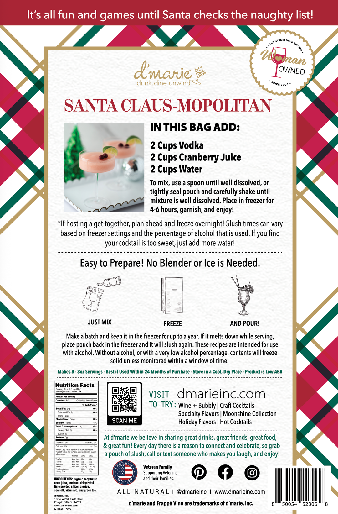 D'Marie Santa Claus-Mopolitan cocktail mix package with holiday plaid pattern and recipe instructions
