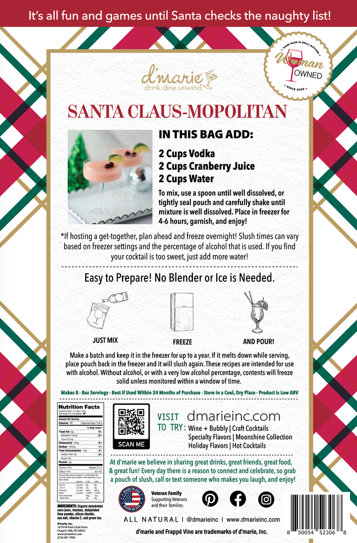 D'Marie Santa Claus-Mopolitan cocktail mix package with holiday plaid pattern and recipe instructions