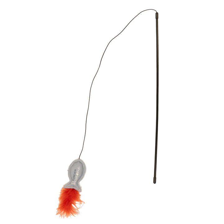 Pavilion cat teaser wand with long black handle and orange feather fish toy