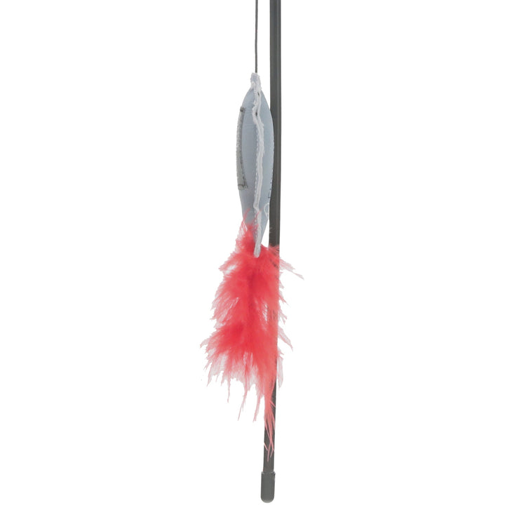 Cat teaser wand with gray fish-shaped toy and red feathers on black rod