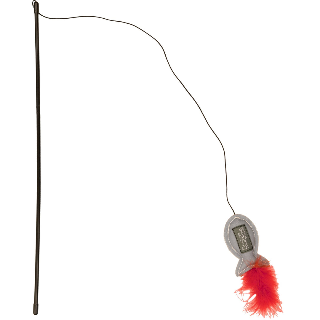 Pavilion cat teaser wand with black handle, gray fish toy, and red feathers
