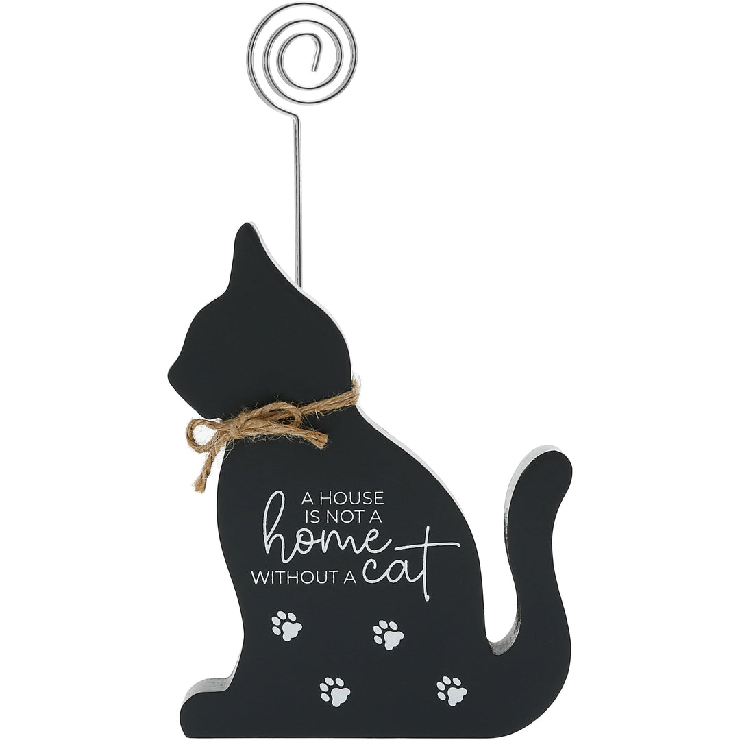 Black cat-shaped plaque with wire photo clip and paw print design