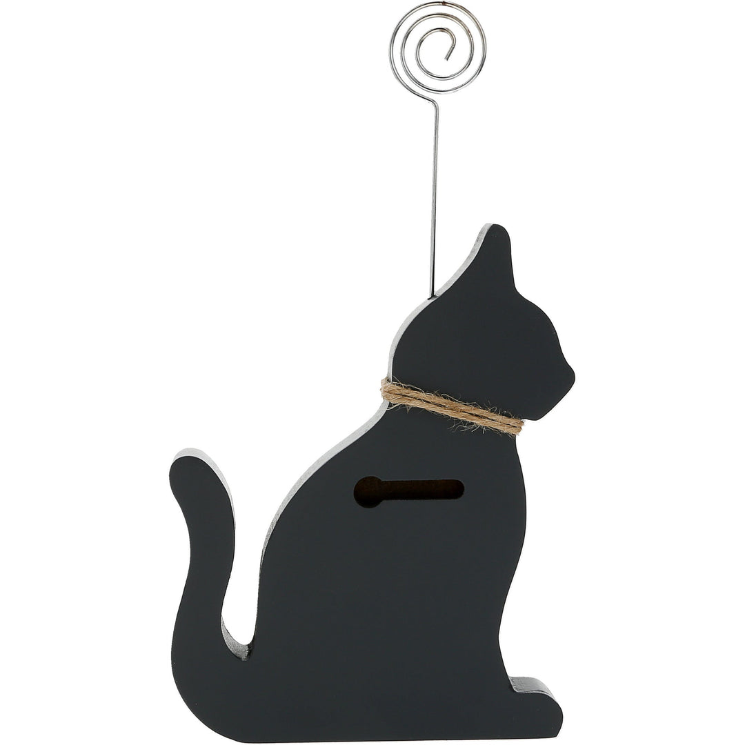 Black cat-shaped plaque with wire photo clip and twine collar detail
