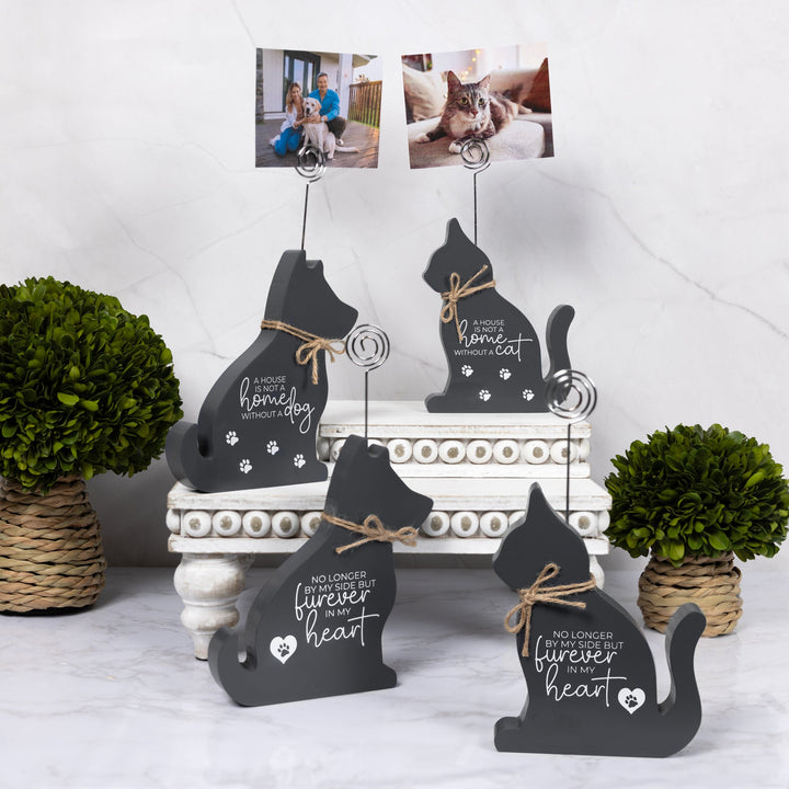 Black pet memorial plaques with photo clips featuring dog and cat silhouettes with heartfelt messages
