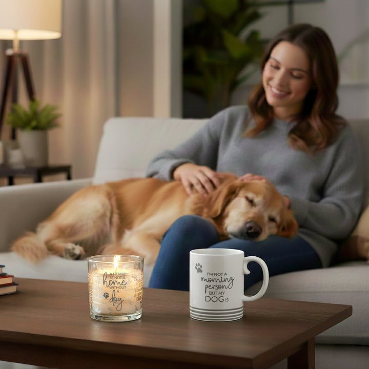White 15oz mug with dog-themed text on coffee table next to woman petting golden retriever