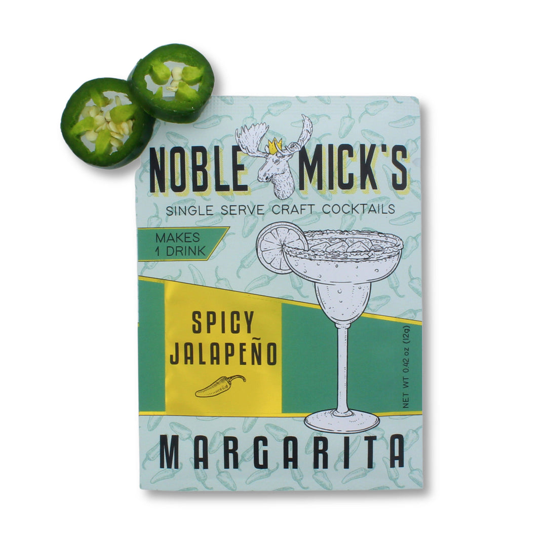 Noble Mick's Spicy Jalapeño Margarita single serve craft cocktail mix packet with fresh jalapeño slices