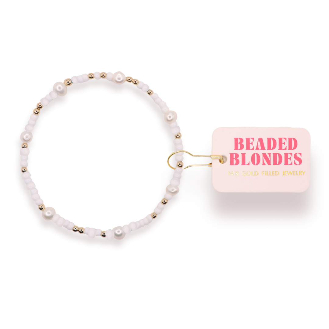 Beaded Blondes White Pearl Sprinkle Bracelet with gold-filled beads and freshwater pearls