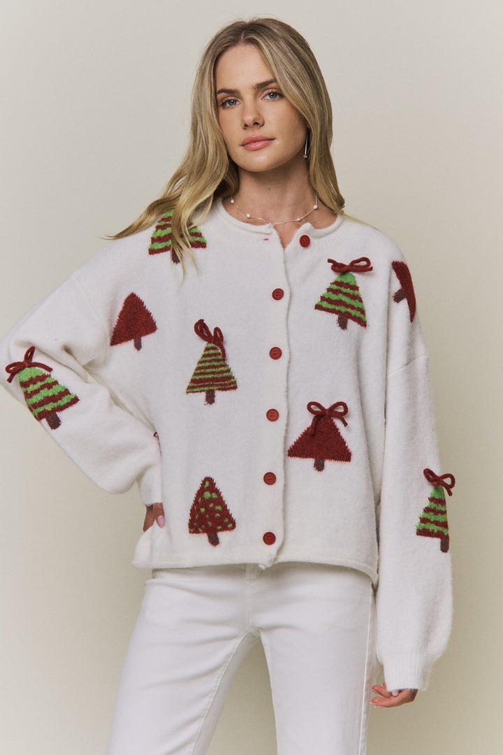 Festive Christmas Trees Button Knit Cardigan