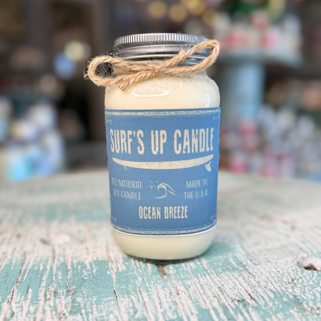 Surf's Up Candle Ocean Breeze scented all-natural soy candle in a mason jar with twine bow