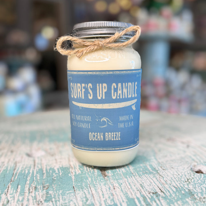 Surf's Up Candle Ocean Breeze scented all-natural soy candle in a mason jar with twine bow