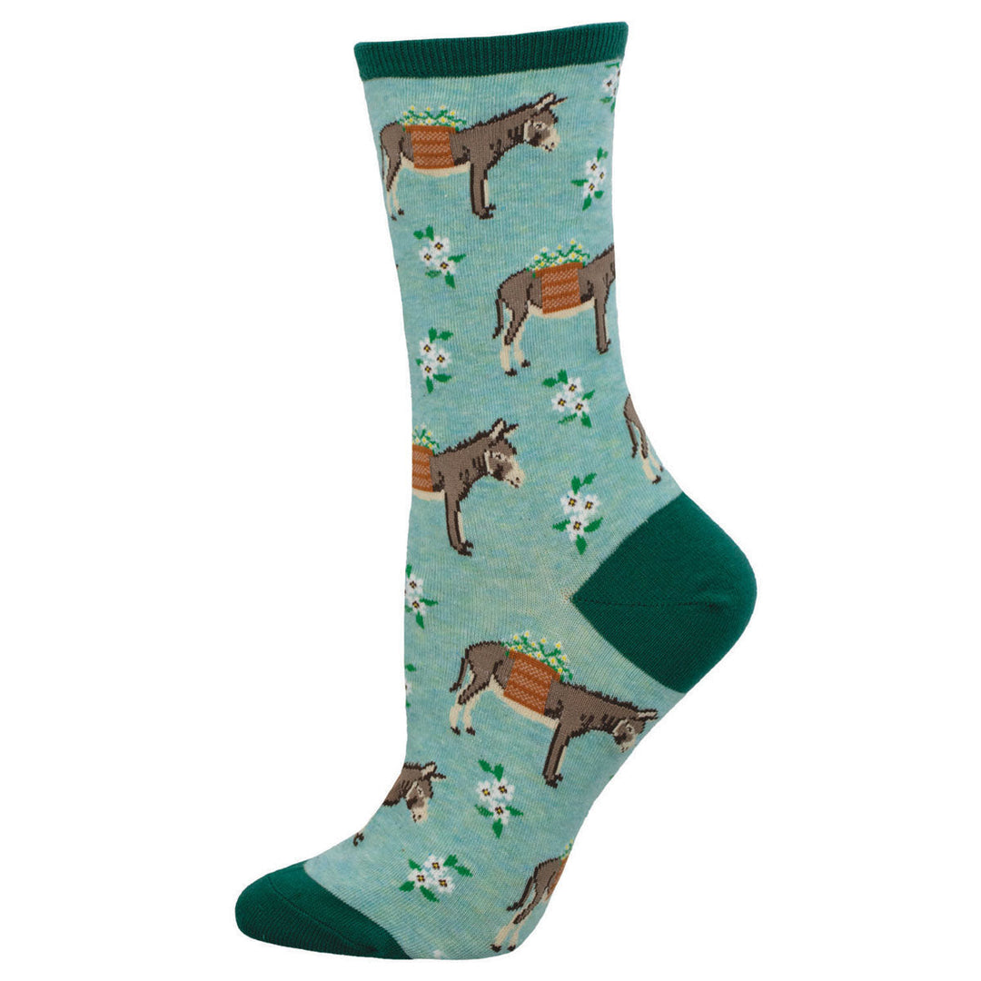 Socksmith Hauling Ass crew socks in blue heather with donkeys carrying baskets and floral pattern