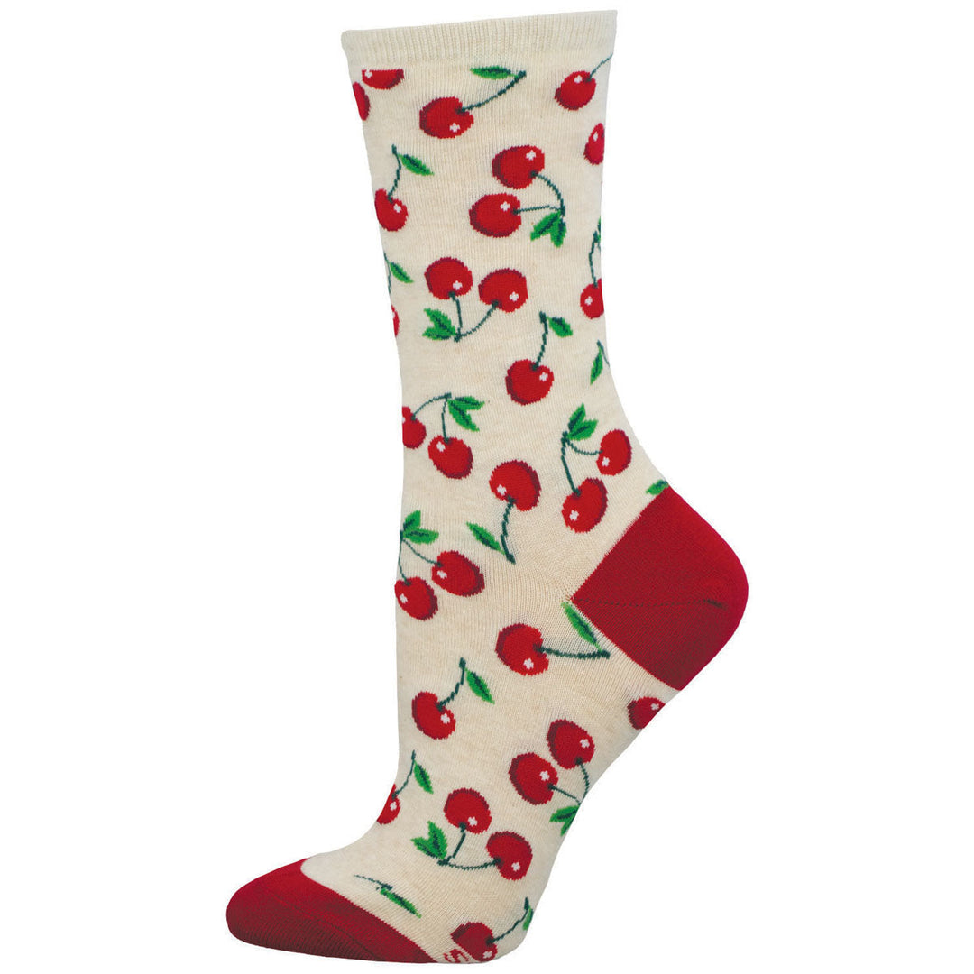Socksmith Absolutely Cherry crew socks in ivory heather with red cherry and green leaf pattern