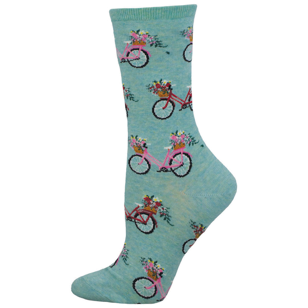 Socksmith Floral Cruiser crew socks in blue heather with pink bicycles carrying flower baskets
