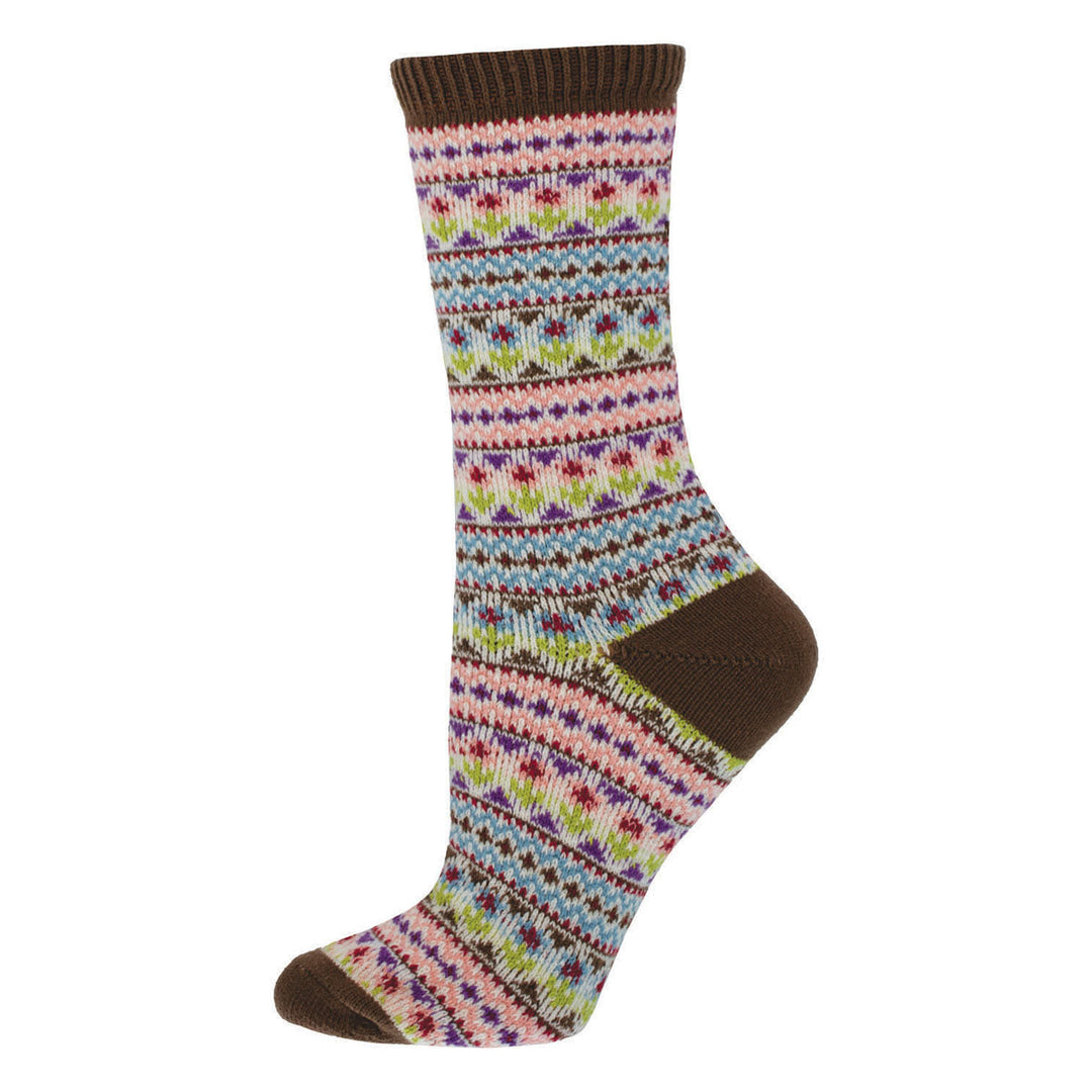 Socksmith Bountiful Flower Beds crew socks in pink multicolor Fair Isle sweater knit pattern