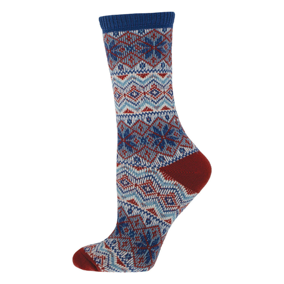 Socksmith Pray for Snow crew socks in blue Fair Isle Nordic snowflake pattern with red accents