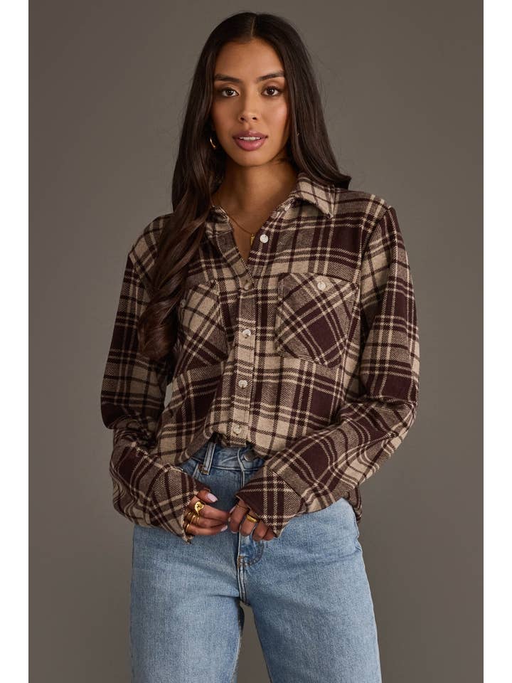 Chocolate Brown &amp; Tan Plaid Button Up