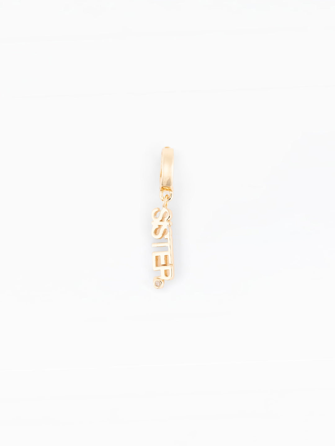 Michelle McDowell Sophie charm in gold with vertical SISTER text and diamond accent