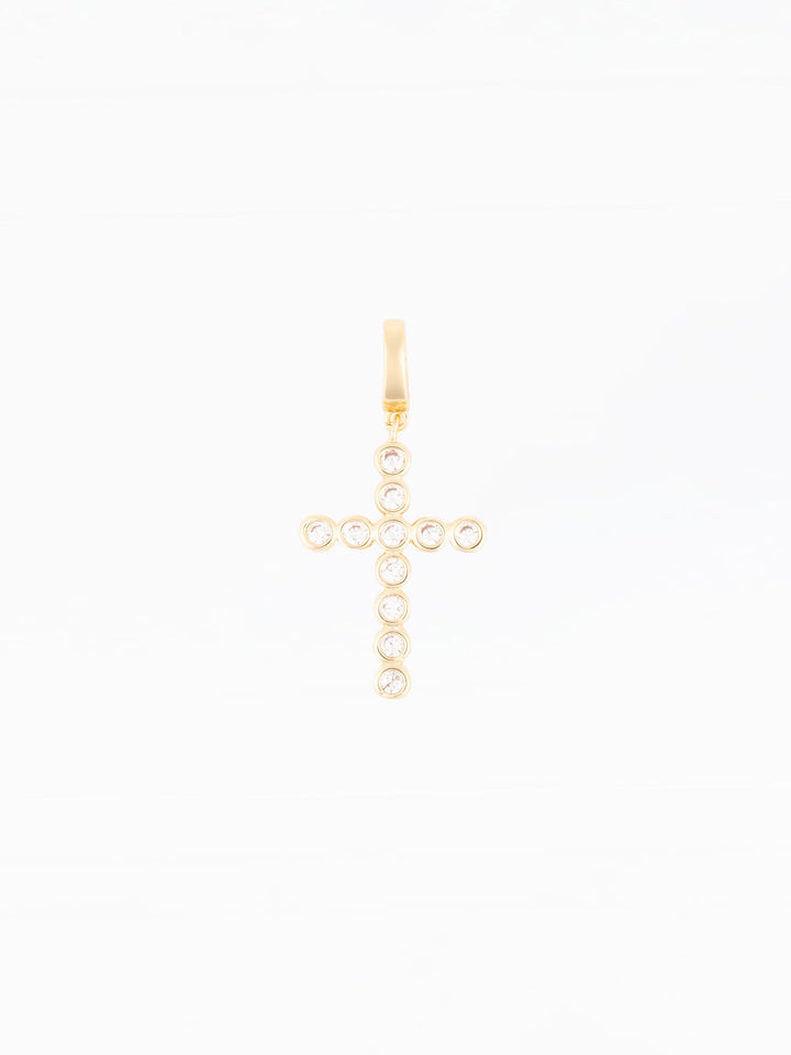 Michelle McDowell Sophie charm gold cross pendant with clear circle bezel-set stones