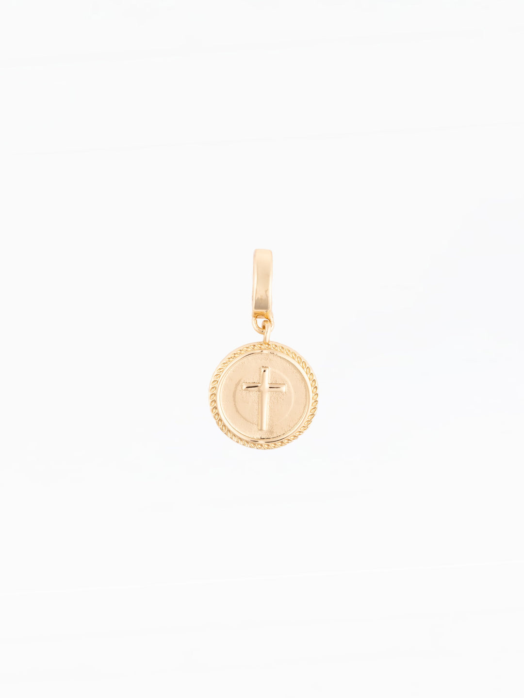 Michelle McDowell Sophie gold coin charm pendant with cross emblem and rope border