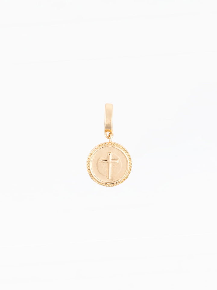 Michelle McDowell Sophie gold coin charm pendant with cross emblem and rope border