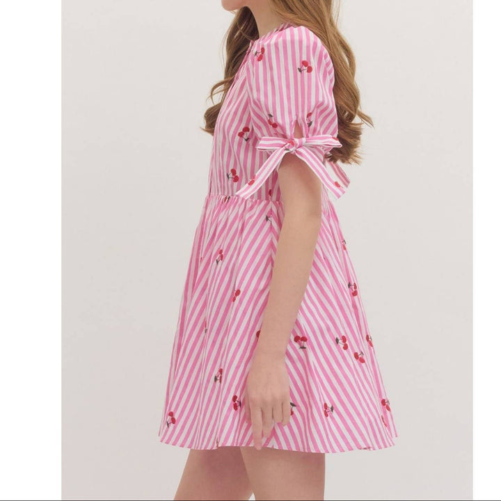 Striped Cherry Short Sleeve Mini Dress
