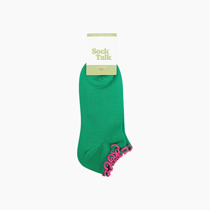 Green bamboo ankle socks with pink frilly ruffle trim by Sock Talk