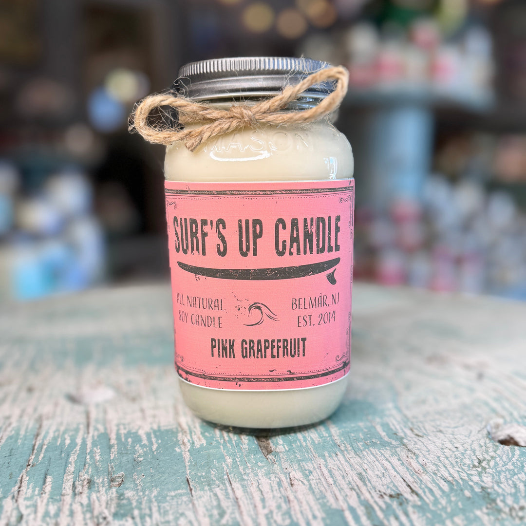 Surf's Up Candle Pink Grapefruit all-natural soy candle in a Mason jar with twine bow