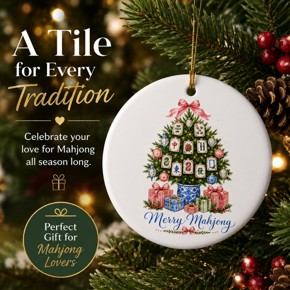 Round white ceramic ornament featuring a Christmas tree decorated with Mahjong tiles reading Merry Mahjong