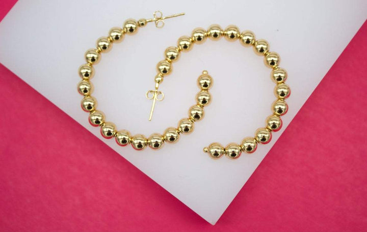 18K Gold Filled Round Golden Beaded Open Hoop Earrings