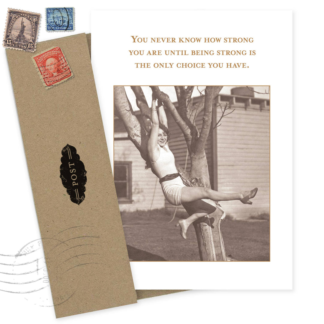 Shannon Martin Design Being Strong encouragement card with vintage envelope, stamps, and inspirational photo