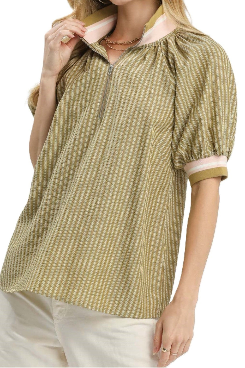 Band Puff Sleeve Half Zip Top