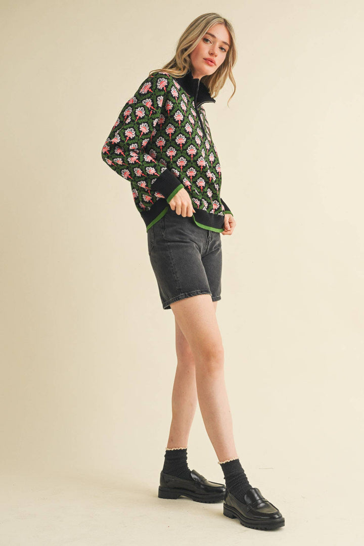 Floral Mock Neck ½ Pullover