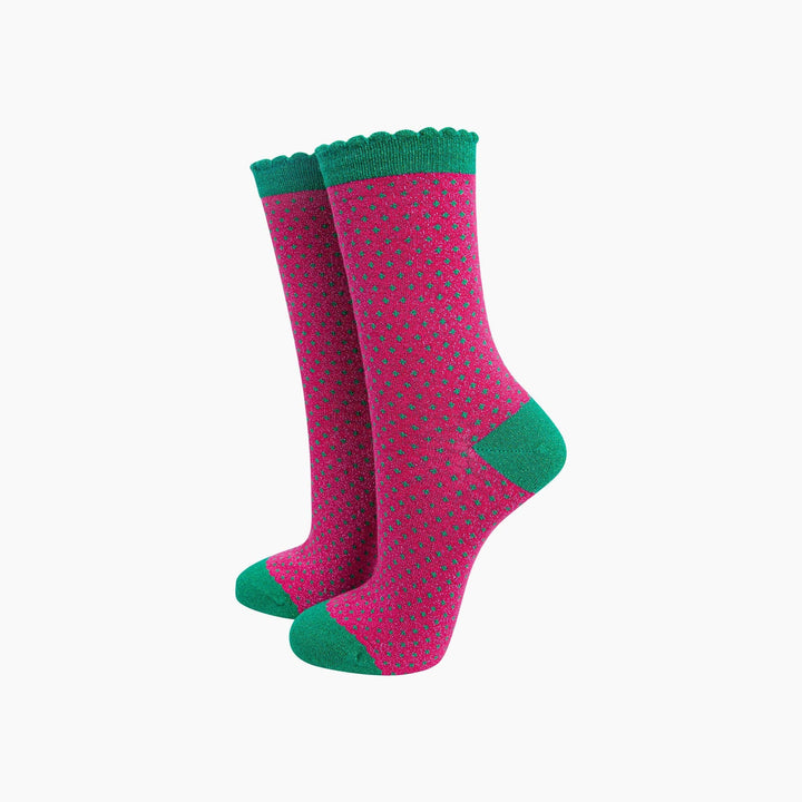 Hot pink glitter ankle socks with green polka dots and scalloped cuff