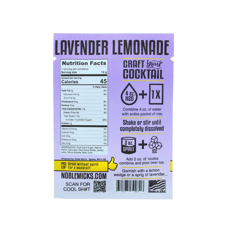 Noble Mick's Lavender Lemonade single serve craft cocktail mix packet with nutrition facts