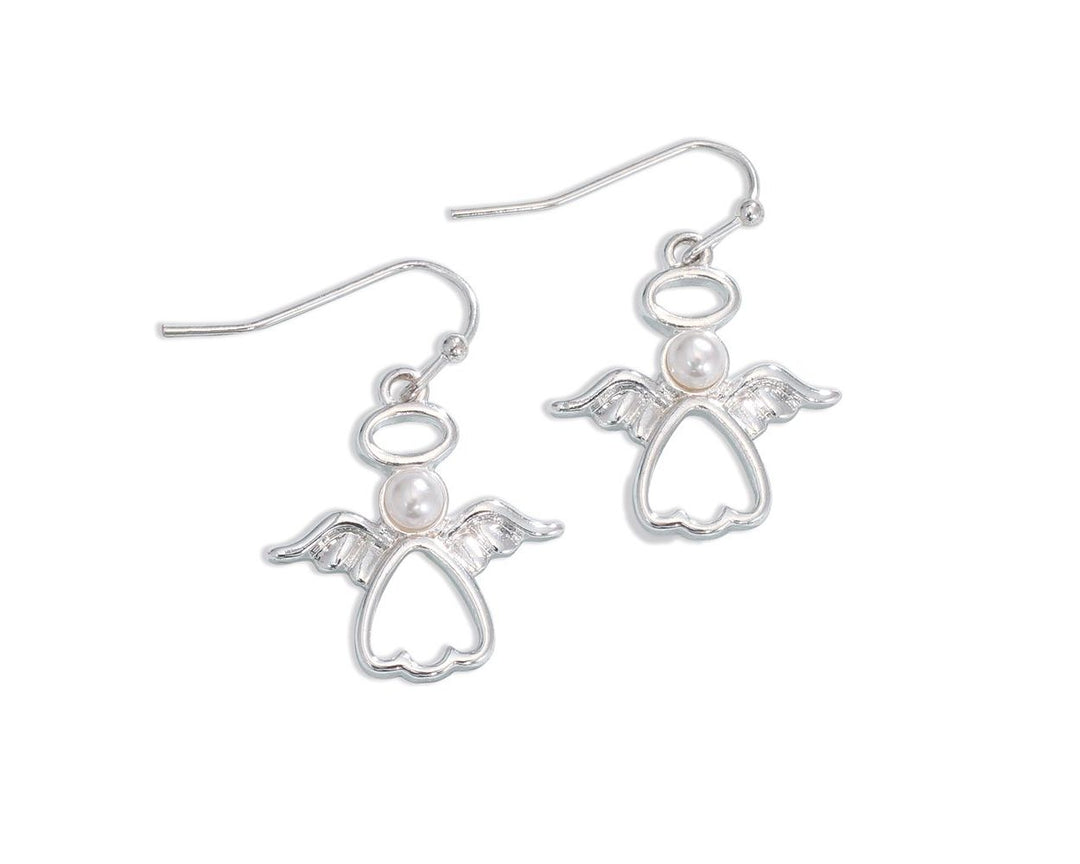 Silver angel-shaped drop earrings with white pearl centers and halo accents