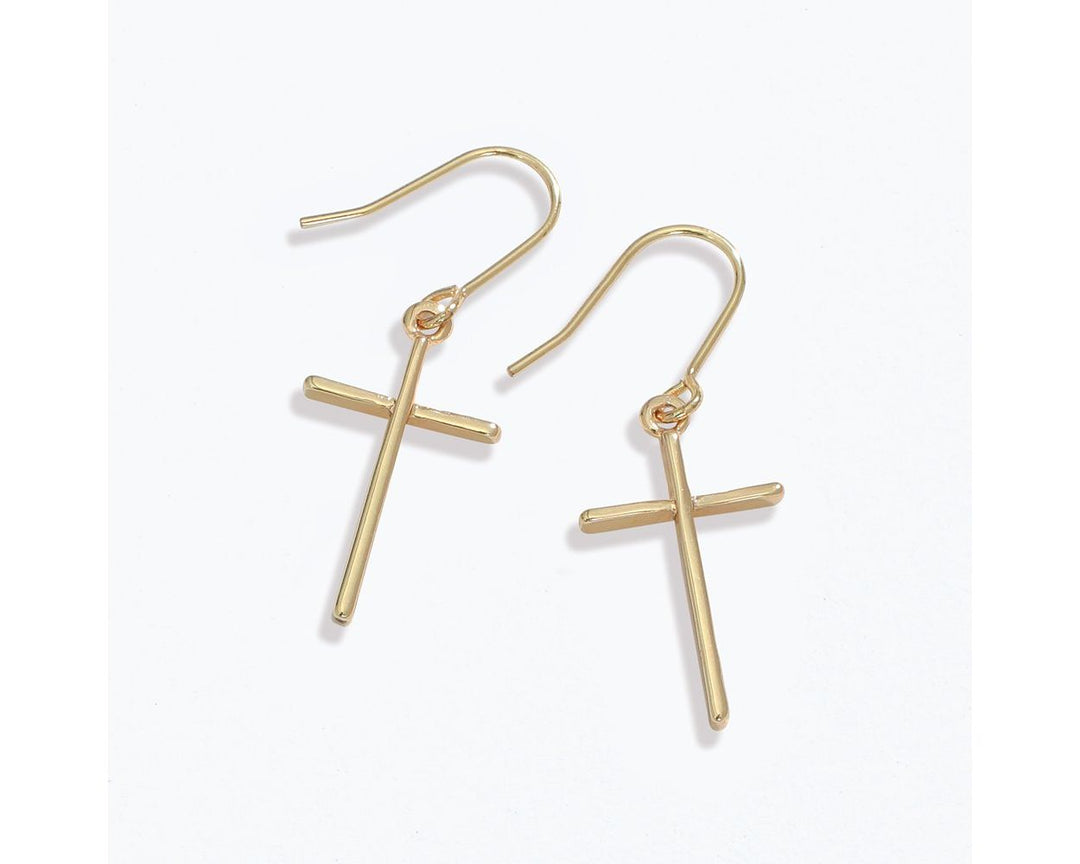 Gold-tone cross drop earrings with French hook wires, polished finish, pair
