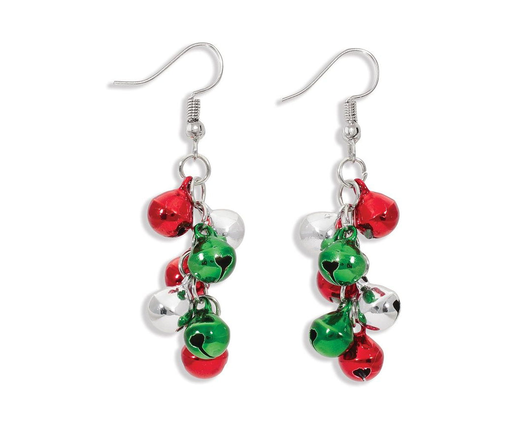 Cluster dangle earrings with red, green, and silver jingle bells on silver hooks
