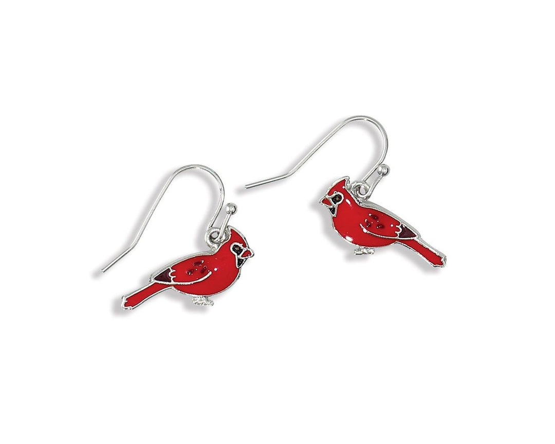 Pair of red enamel cardinal bird drop earrings with silver wire hooks