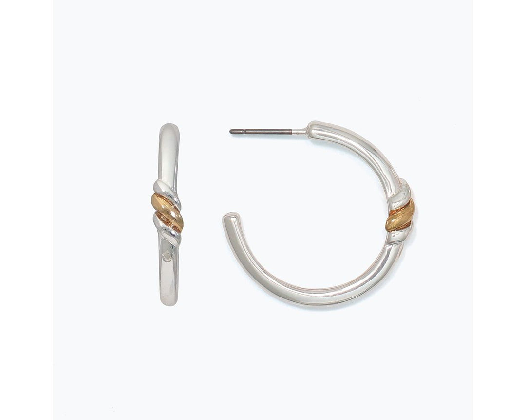 Polished silver C-hoop earrings with gold twist accent detail, two-tone metal