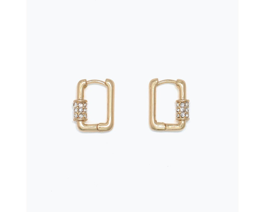 Gold rectangular huggie hoop earrings with pavé crystal embellished barrel accent