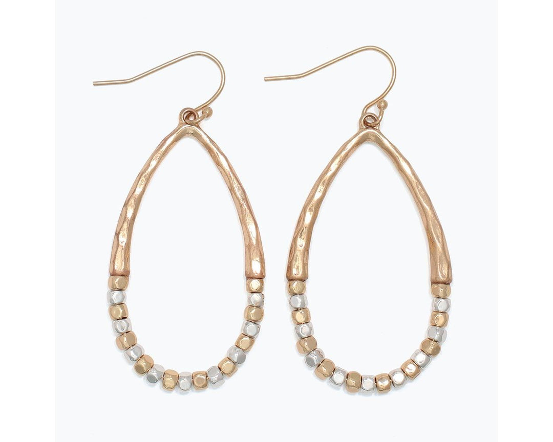 Hammered rose gold teardrop earrings with mixed gold and silver cube beads