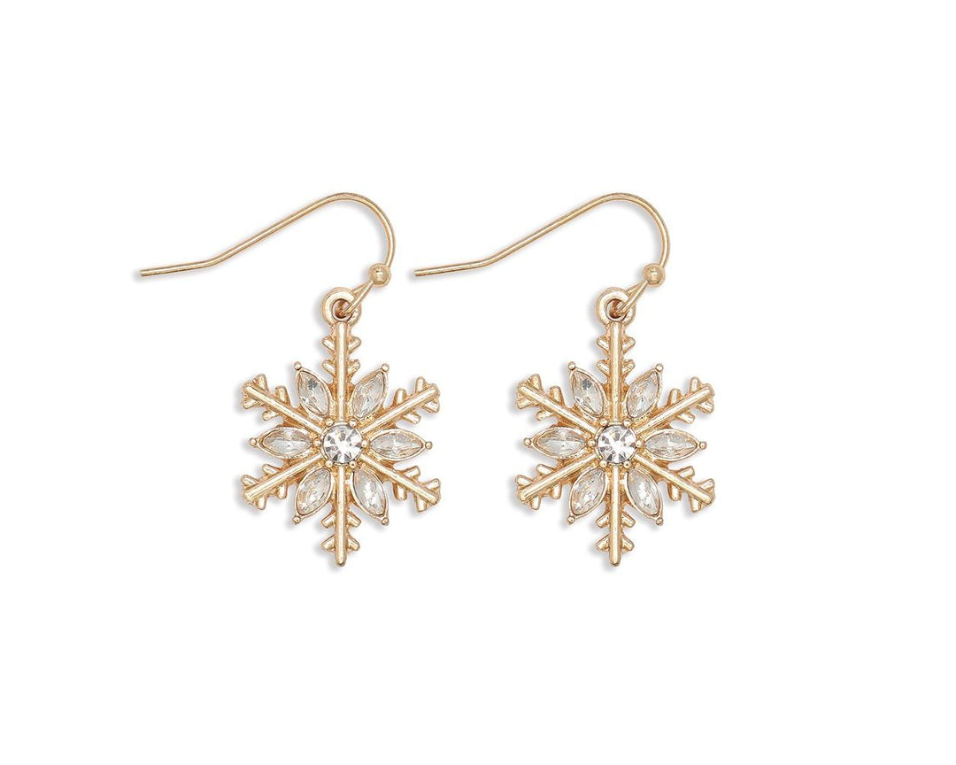 Gold snowflake drop earrings with clear crystal marquise insets on fish hook wires