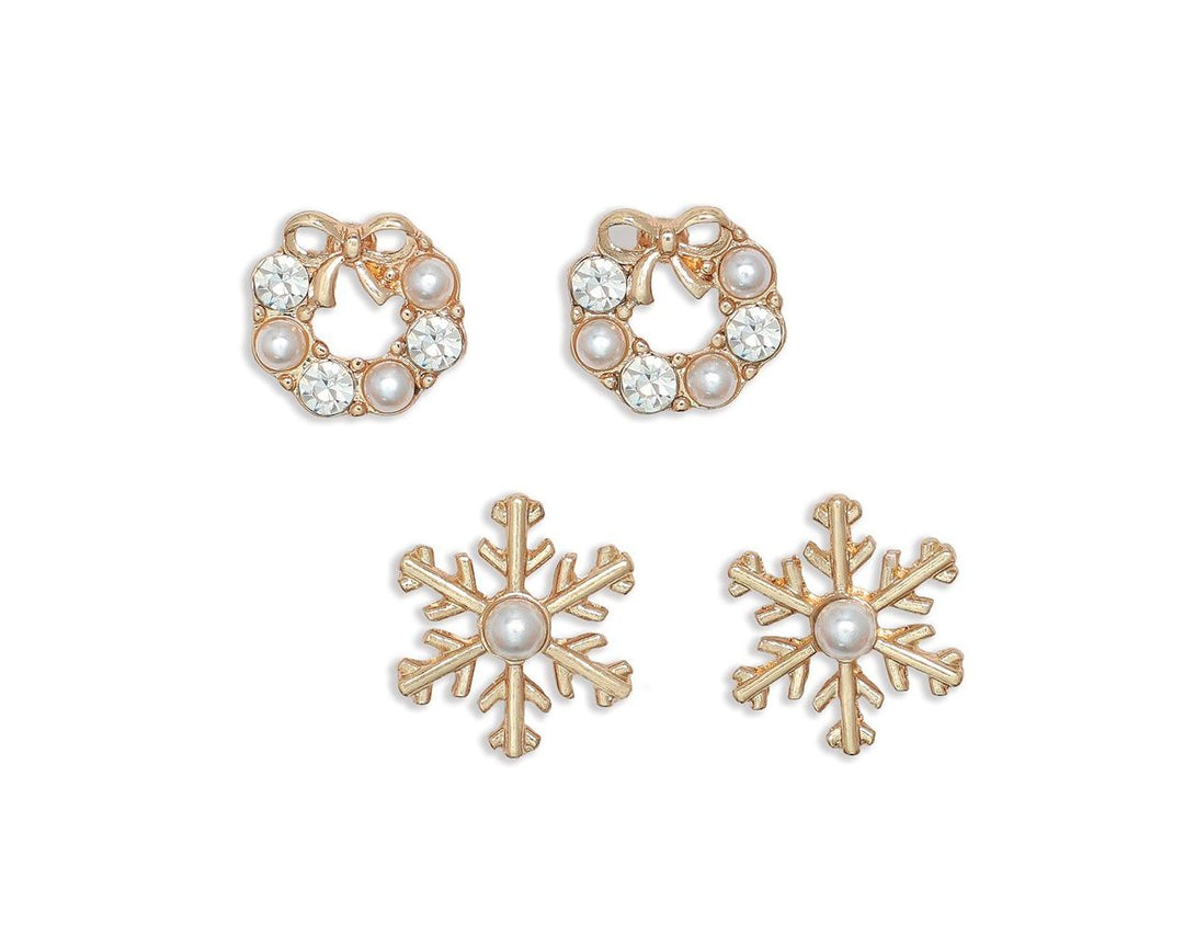 Gold-tone wreath and snowflake stud earrings set with pearl and crystal accents